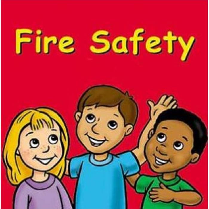 3 children, wording Fire Safety, Red background